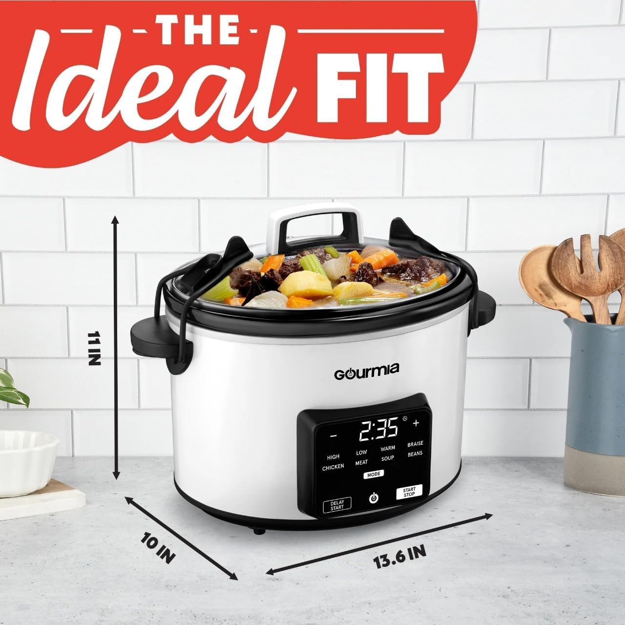 Image showing the dimensions of the Gourmia GSC517 Slow Cooker: 13.6 inches wide, 10 inches deep, and 11 inches high.