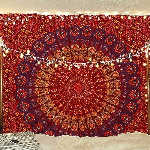 Bless International Indian hippie Bohemian Psychedelic Golden Blue Peacock Mandala Wall hanging Bedding Tapestry (Golden Brown Maroon, Medium (54x60Inches)(137x152cms))