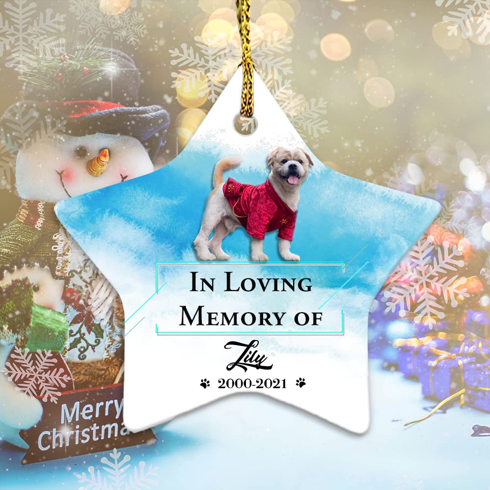 UTF4C Pet Memorial Christmas Ornament with Photo – in Loving Memory of Cat Dog - Paw Print - Pet Loss Sympathy Gift - Cat Dog Memorial Gifts - Ceramic Ornament Keepsake for Christmas Tree Decor - Star