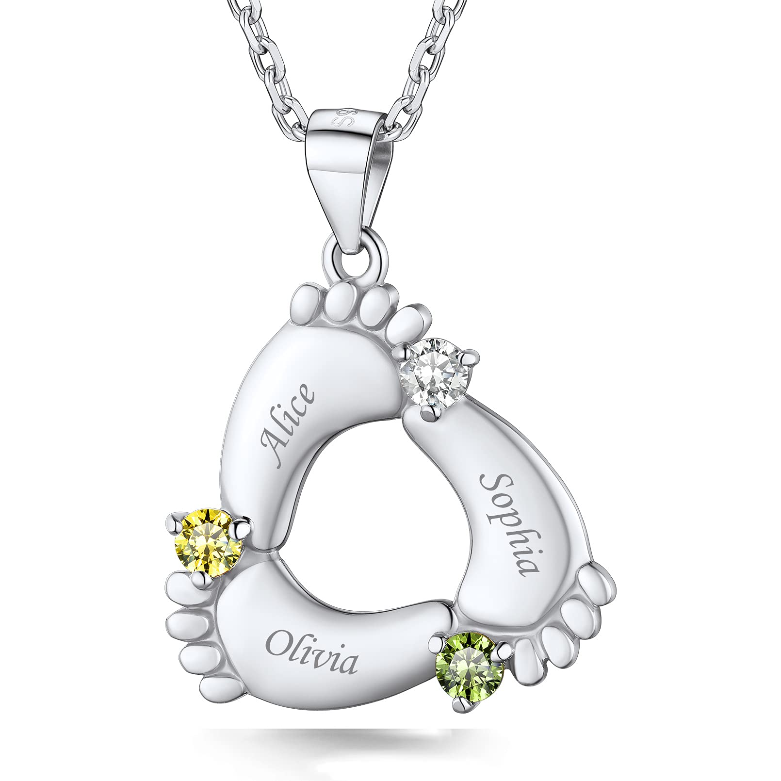 Custom4U Personalised Birthstone Necklace Necklace with Kids Names, 925 Sterling Silver Baby Feet 3 Birthstones & Names Mum Necklace for Grandma Mum, Mother Day Gift