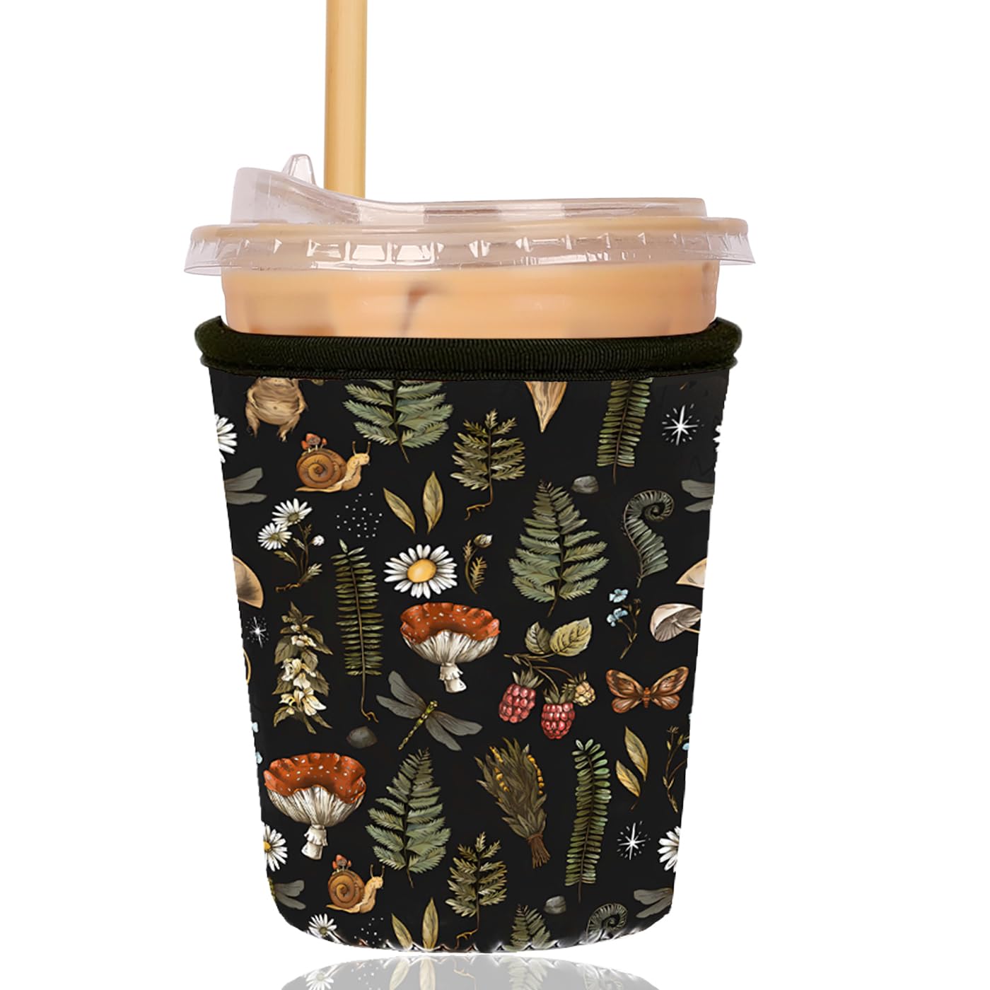 Reusable Insulated Sleeve for Iced Coffee Cup, Coffee Neoprene Sleeve for Cold &amp; Hot Drinks, Beverage Holder for Iced Coffee (Mushroom Mirage, Small: 16-18oz)