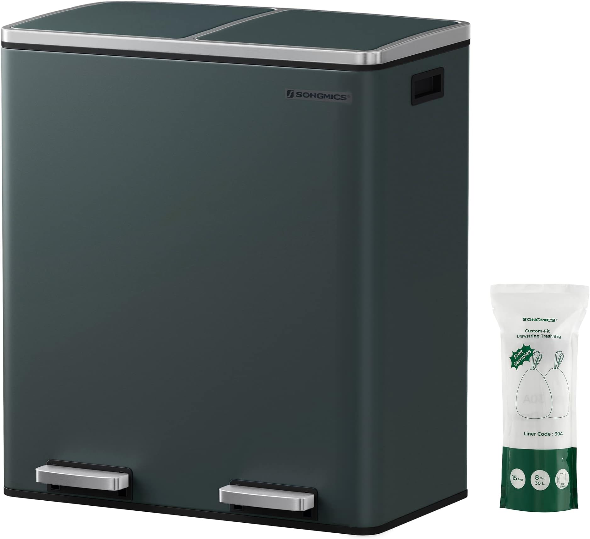 SONGMICS Double Compartment 2 x 30 L Rubbish Bin with 15 Bin Bags