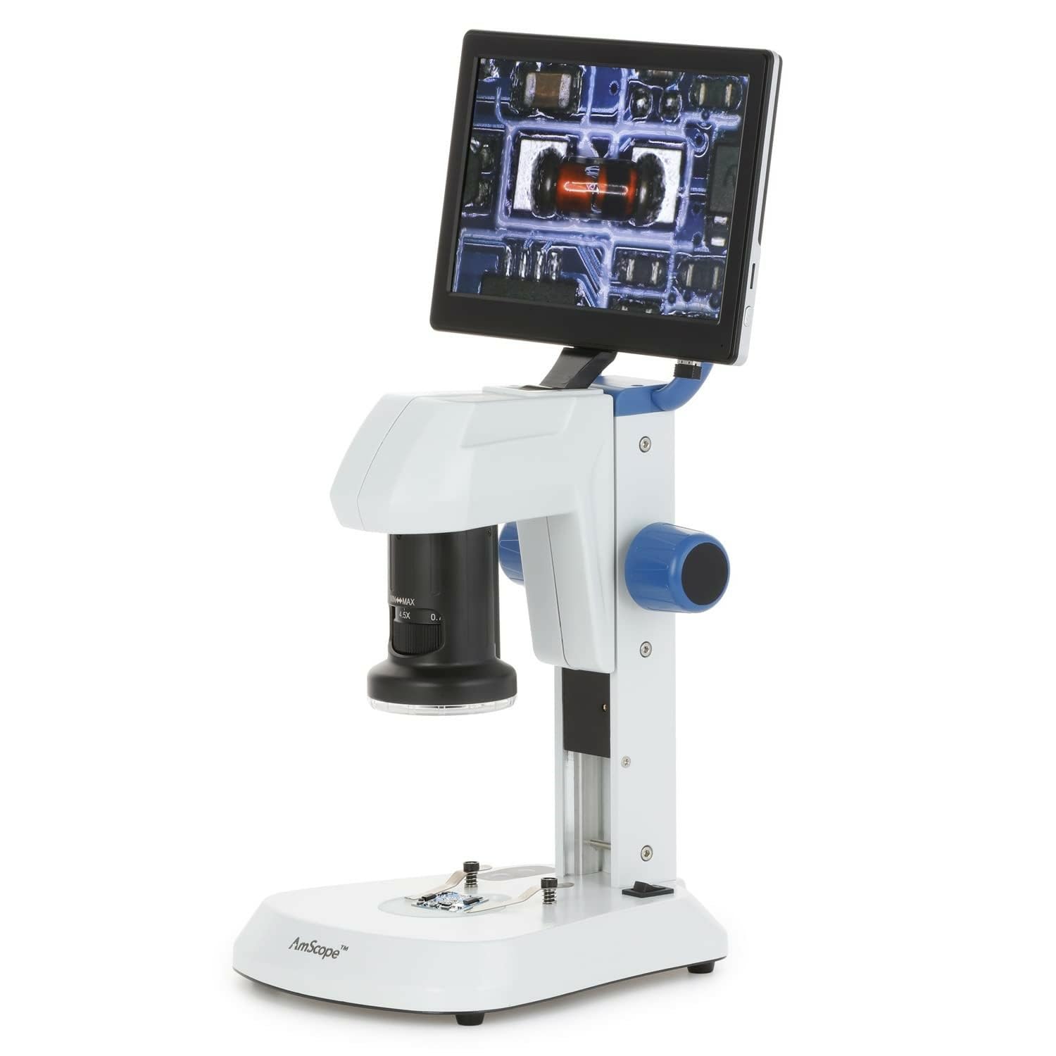 AmScope DM745 Series Digital Microscope for Industrial Inspection - 0.7X-4.5X Magnification - Includes Camera & 9-Inch Screen - Dual LED Lighting - On