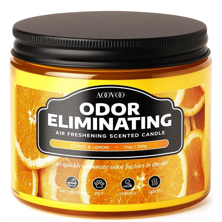 Image of AOOVOO Citrus Lemon 11oz Large Odor Eliminating Highly Fragranced Candle - Eliminates 95% of Smoke, Food, Pet and Other Smells Quickly, Air Freshing Soy Candles, Up to 50 Hours Burn time