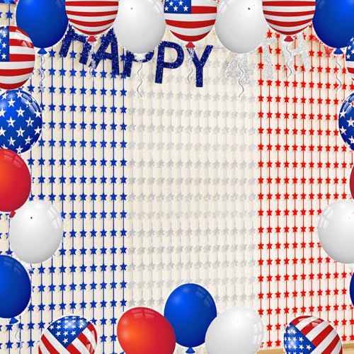 Image of Tingjoo 3 Pack 4th of July Decorations 3.3 x 6.6 ft Patriotic Star Streamers Red Blue and Silver Tinsel Foil Fringe Curtains Decorations Backdrop for Independence Day America Memorial Day Labor
