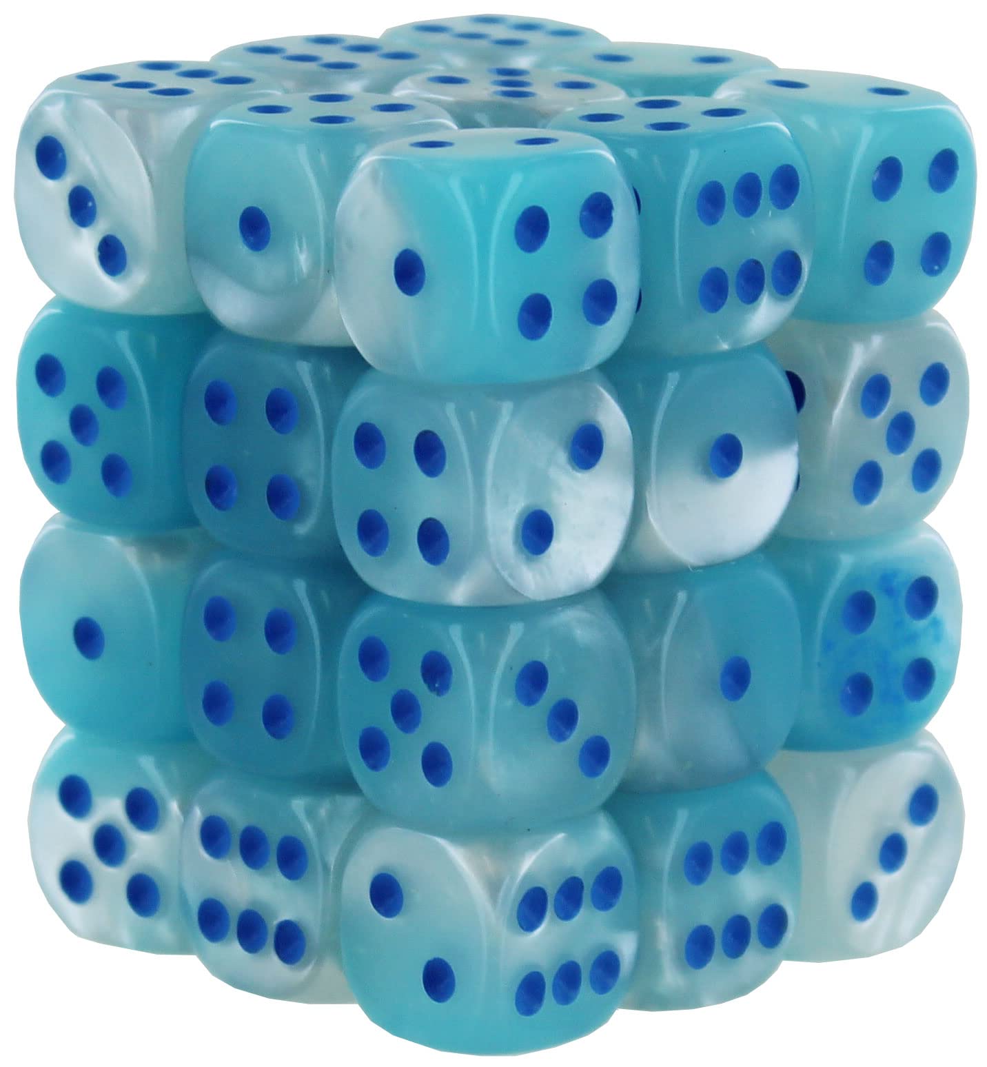 Chessex Dados Gemínidos 12mm – Bloque De 36 D6 Perla Turquesa/Blanco Azul Luminoso, Para D&D Y TTRPG, Borde Afilado Y Subrayado 6/9