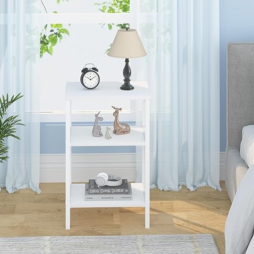 Miniatura 8 de LVB Juego de 2 mesas auxiliares pequeñas blancas, moderna mesita de noche delgada con estante de almacenamiento, mesita de noche estrecha de metal