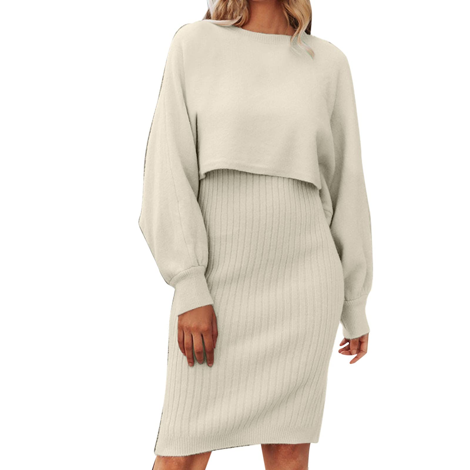 Strickpullover Strickkleid Zweiteiler Set Fauler Stil Pulloverkleid für Damen Einfarbiges Gestrickt Kleid Set Oberteil Pullover und Kleid Bodycon 2 Teiliges Sweater Strickkleid Pullikleid Minikleid