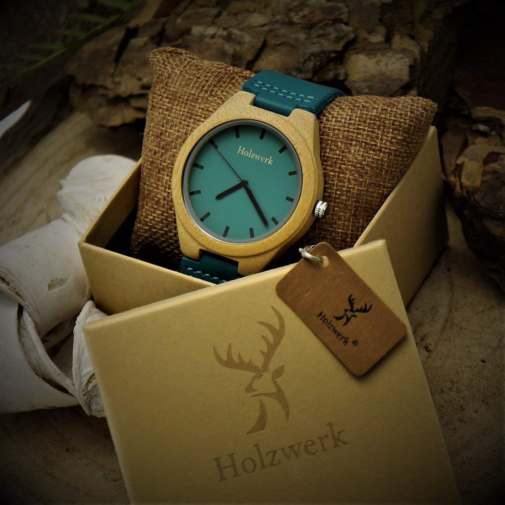 Holzwerk Germany Handgefertigte Designer Damen-Uhr Herren-Uhr Öko Natur Holz-Uhr Leder Armband-Uhr Analog Klassisch Quarz-Uhr in Blau Buche Türkis Schwarz