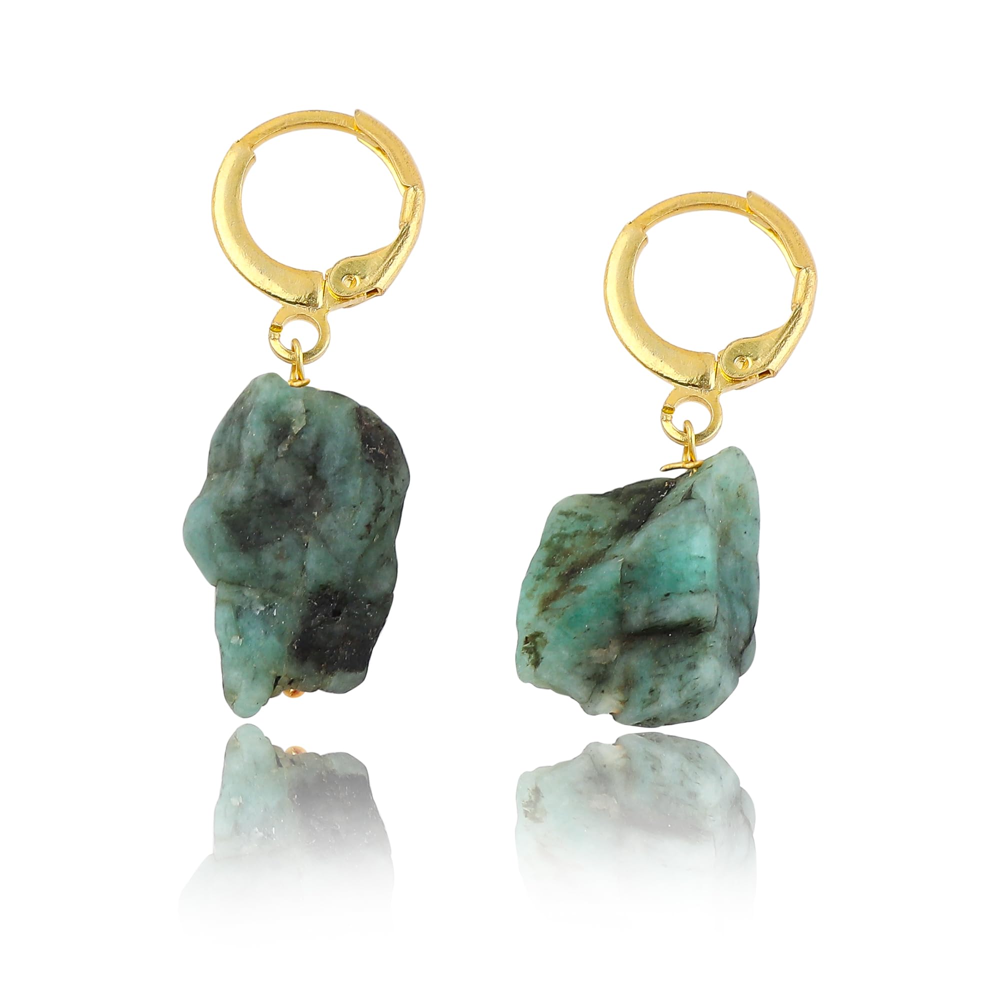 Raw Emerald Gemstone Hoop Earrings – Natural Crystal Stone Dangle Earrings for Women – Hypoallergenic Gold Plated Small Hoops – Handmade Lightweight Statement Jewelry (Emerald)
