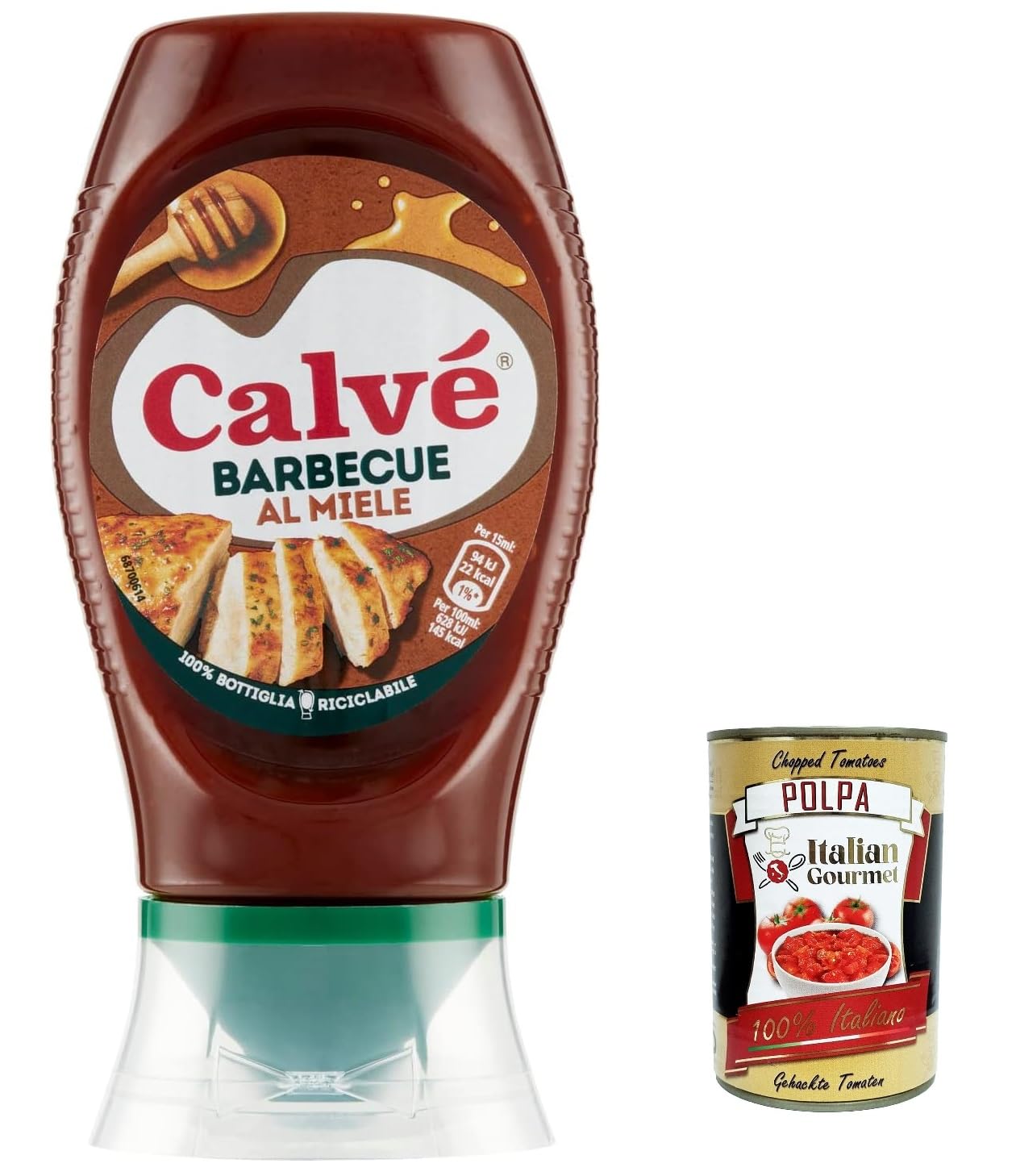12 salsas Calvé Salsa Barbeque al Miele BBQ con miel, ideal para carne blanca con un sabor más intenso 250 ml + Polpa italiana gourmet 400 g
