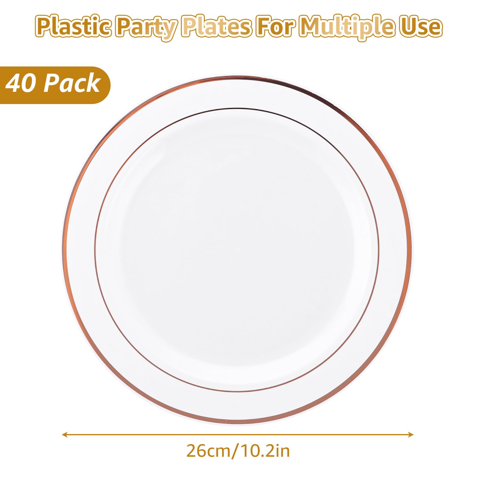 Lot de 40 Assiettes Blanches Réutilisables de 26 cm - Assiettes de Fête en Plastique Avec Bord Doré Rose