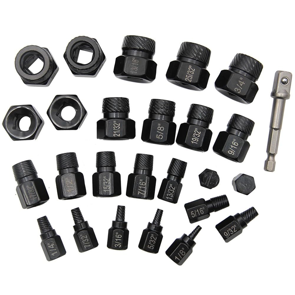 Juego de extractor de tornillos, kit de extracción de pernos, herramienta de perno roto, accionamiento 3/8, acero de alto carbono, 26 piezas para sujetadores dañados