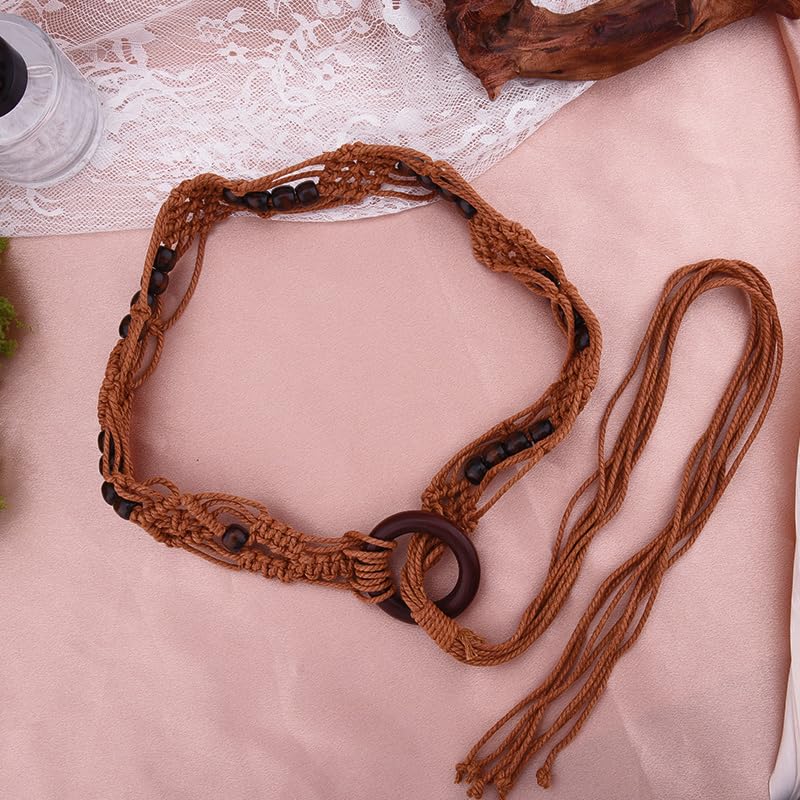 Boho Woven Braided Belt with Beads - Womens Tassel Braided Waist Belts for Dress Skirts Chain Fabric Rope Woven Belt for Women Vintage Country Western Knot Wrap Belts for Women Boho Outfit4