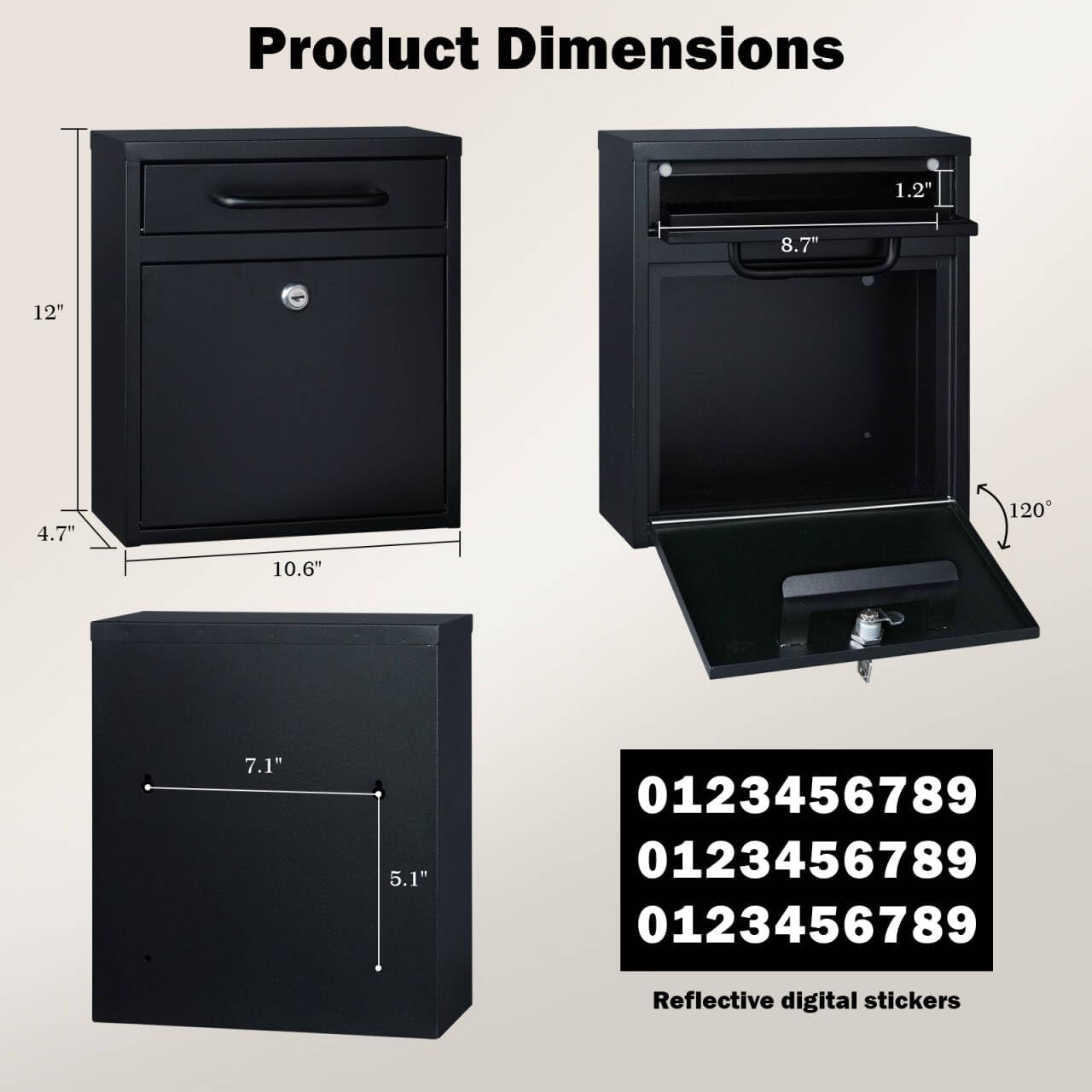Wall Mount Mailbox for Outside, 12 Inch Drop Box Anti-Theft Heavy Duty Locking Mailbox with 2 Keys for Houses & Apartment, 10.6 x 4.7 x 12 Inches, Black