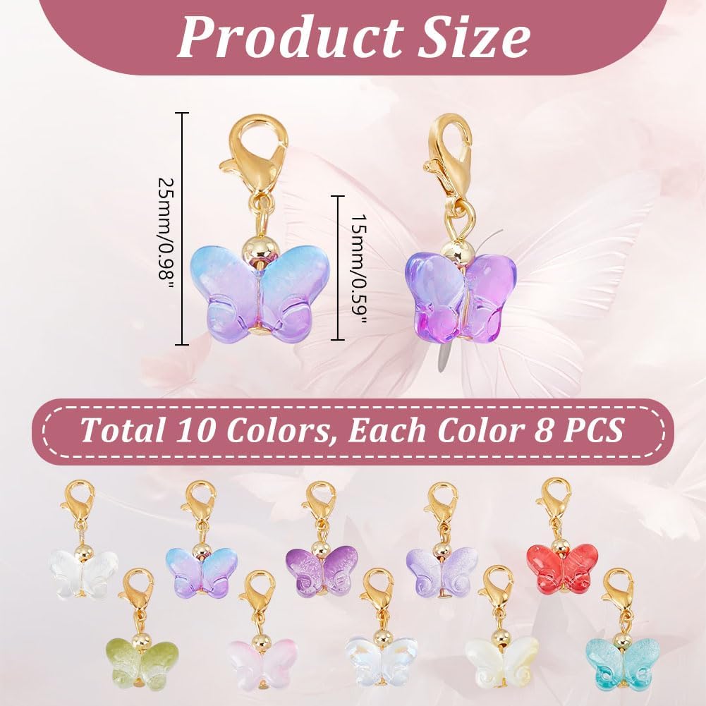 80Pcs Stitch Marker Charms Glass Butterfly Charms Clip-on Butterfly Charm Crystal Charm with Lobster Clasps for Bracelets Necklace Jewelry Making - Image 2