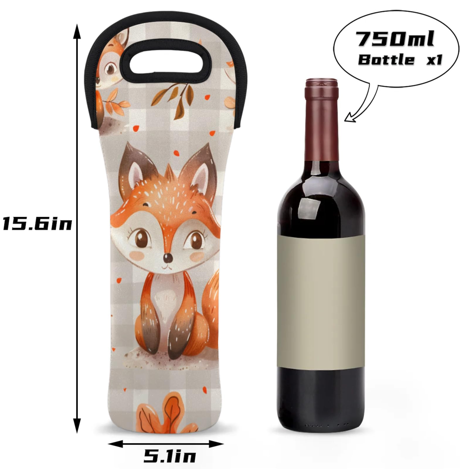 Neoprene Wine Tote Carrier Bag for Wine,Water, Champagne, Beer, Baby Bottles 15.6 x 5.1 Inches, Protective Wine Bag,Fall Fox