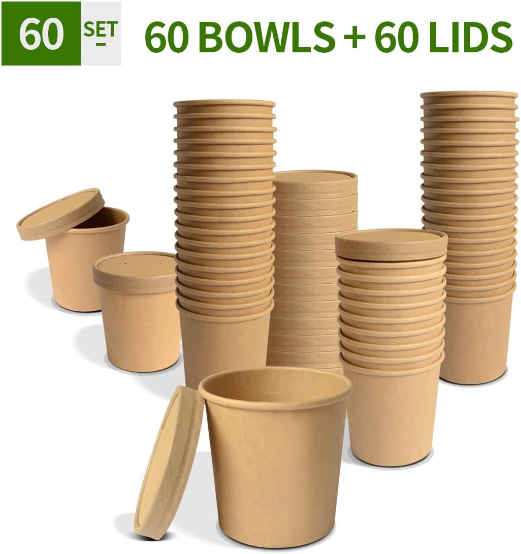 12 oz Paper Ice Cream Cups with Lids 60 Pack, Soup Chili Containers | 60 Cups 60 Lids, Grease Resist, Microwavable, Freezer Safe, Paper Food Container for Meal Prep, Soup, Chili, Summer Ice Cream