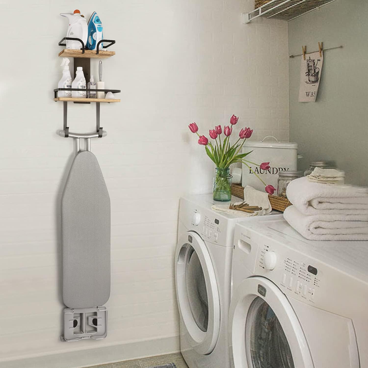 VINAEMO Ironing Board Hanger Wall Mount, 2-Layer Iron and Ironing Board Holder, Laundry Room Shelves Solid Wood with Removable Hooks Home Organization and Storage : Home & Kitchen