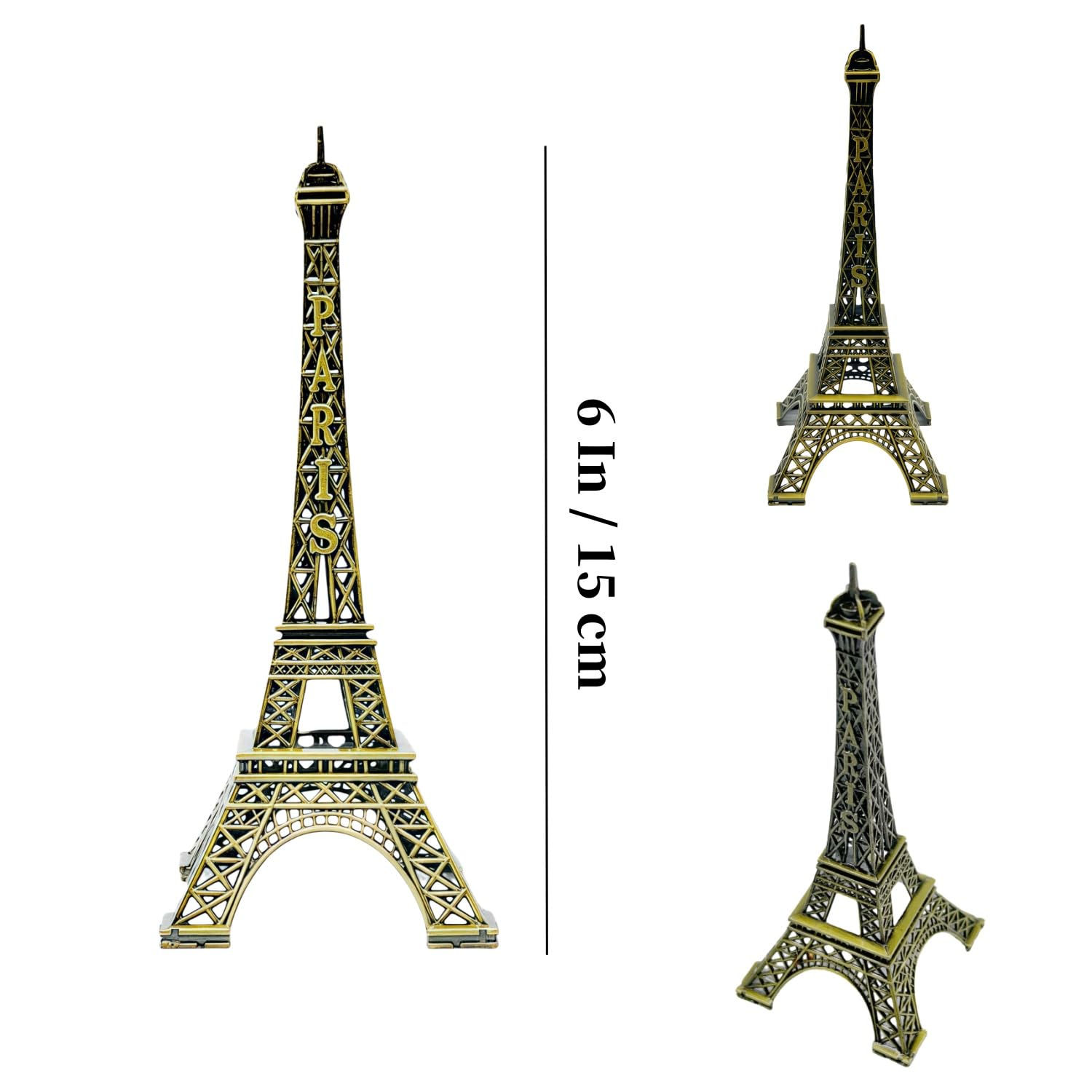 Orhokoyc 6 Inch Tall Eiffel Tower Statue Figurine for Travel Souvenirs, Metallic Eiffel Tower Model Table Decor, Paris France Travel Souvenir Gifts (1 PCS)