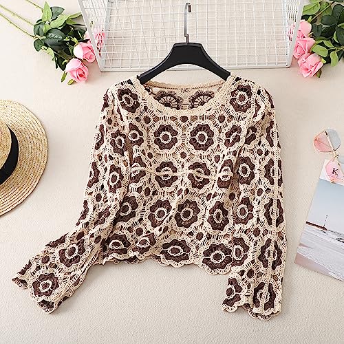 Honganda Women's Knit Crochet Cardigan Long Sleeve Floral Embroidery Hollow Out Knitwear Spring Fall Y2K Boho Sweater2