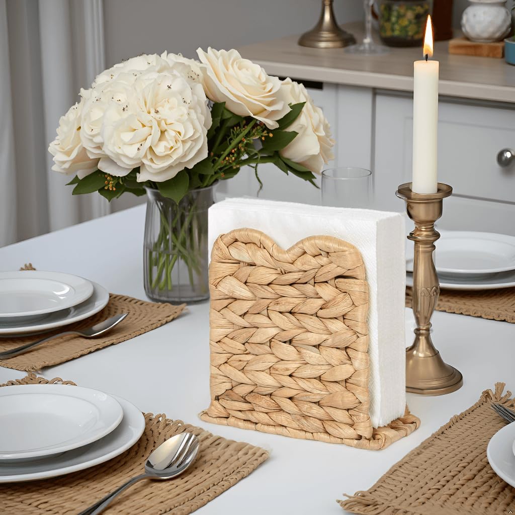 Wicker Rattan Napkin Holder for Table, Kitchen Dining, Bar, Coffee Table, Farmhouse Rustic Boho Home Decor Paper Holder, Scalloped, Water Hyacinth, Natural - Image 3