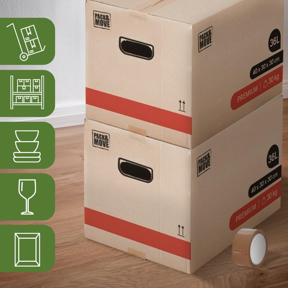 Cartons Déménagement Livres Premium 40 x 30 x 30 cm Extrême Résistance 30 kg Poignées Renforcées 1 Adhésif Offert