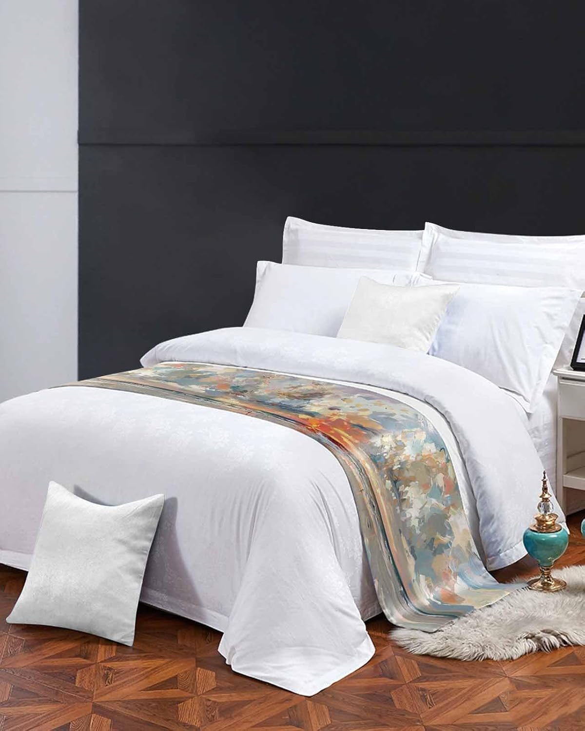 Abstract Orange,Bed Runner Scarf Full Queen Size,Luxury Bed Throw Runners & Scarves for Twin Full Queen King Foot of Bed,Bedroom Hotel Wedding Room Decoration,Modern Multicolored Summer Beach 83"x20"