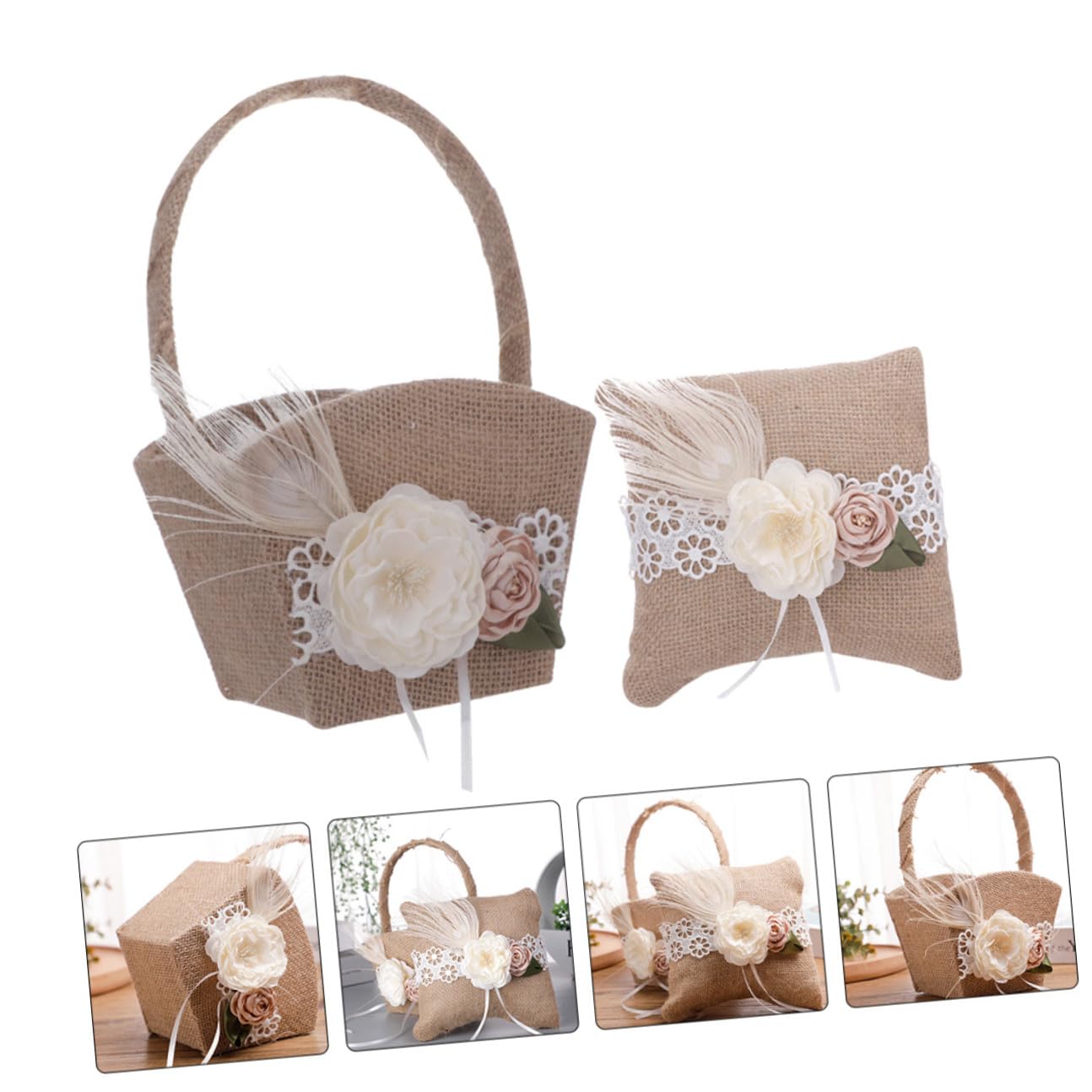 DECHOUS Hochzeitskorb aus Leinen mit Ringkissen Satz für Blumenmädchen zur Hochzeit Hautfreundlich mit Künstlichen Blumen Leichter Blumenkorb für Romantische Trauungszeremonie