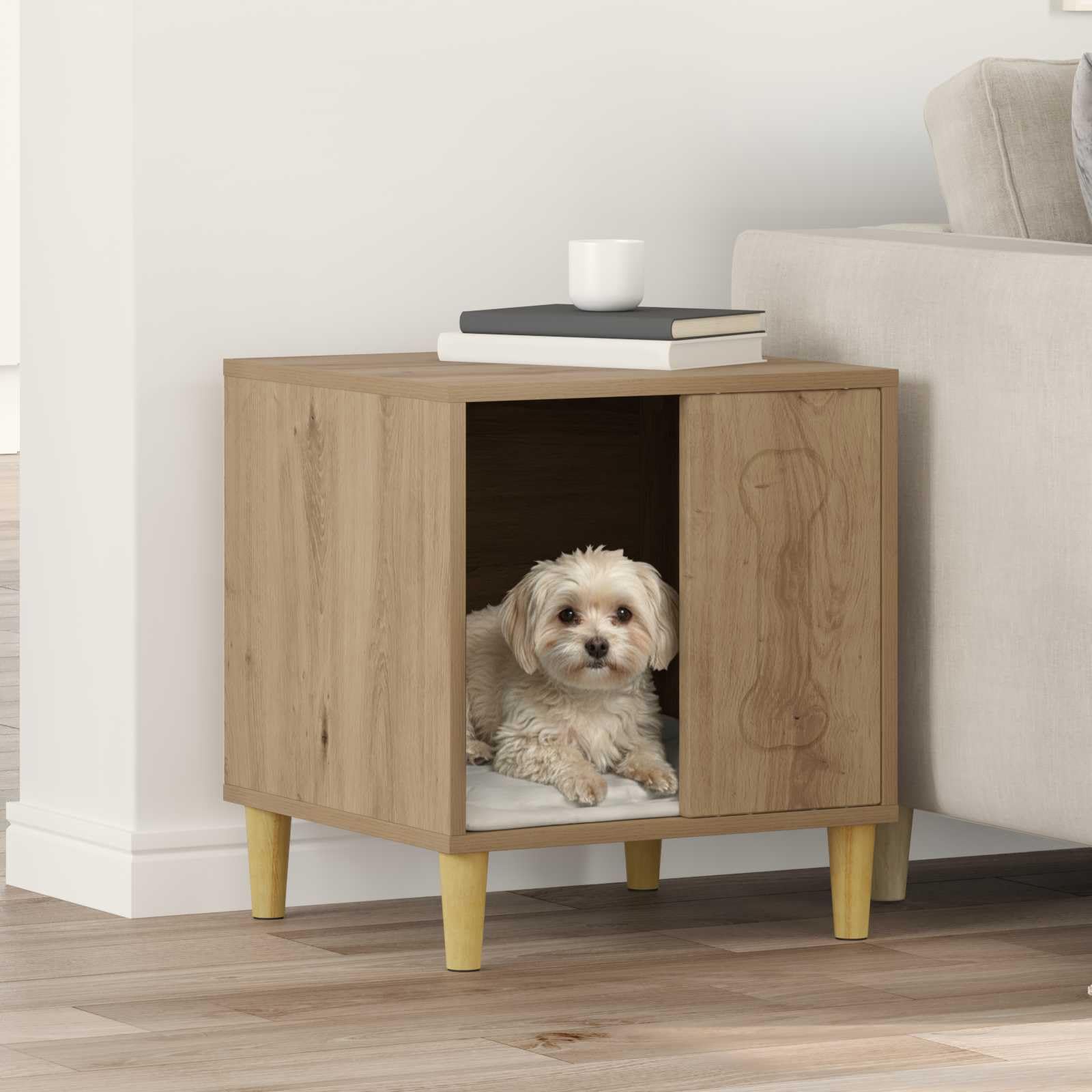 Hundehütte Kunsthandwerk Eiche aus Holzwerkstoff 44 x 42 x 49 cm, Robustes Hundehaus für Indoor, mit Montagematerial, moderner Schlafplatz für Hundebox und Tierhütte