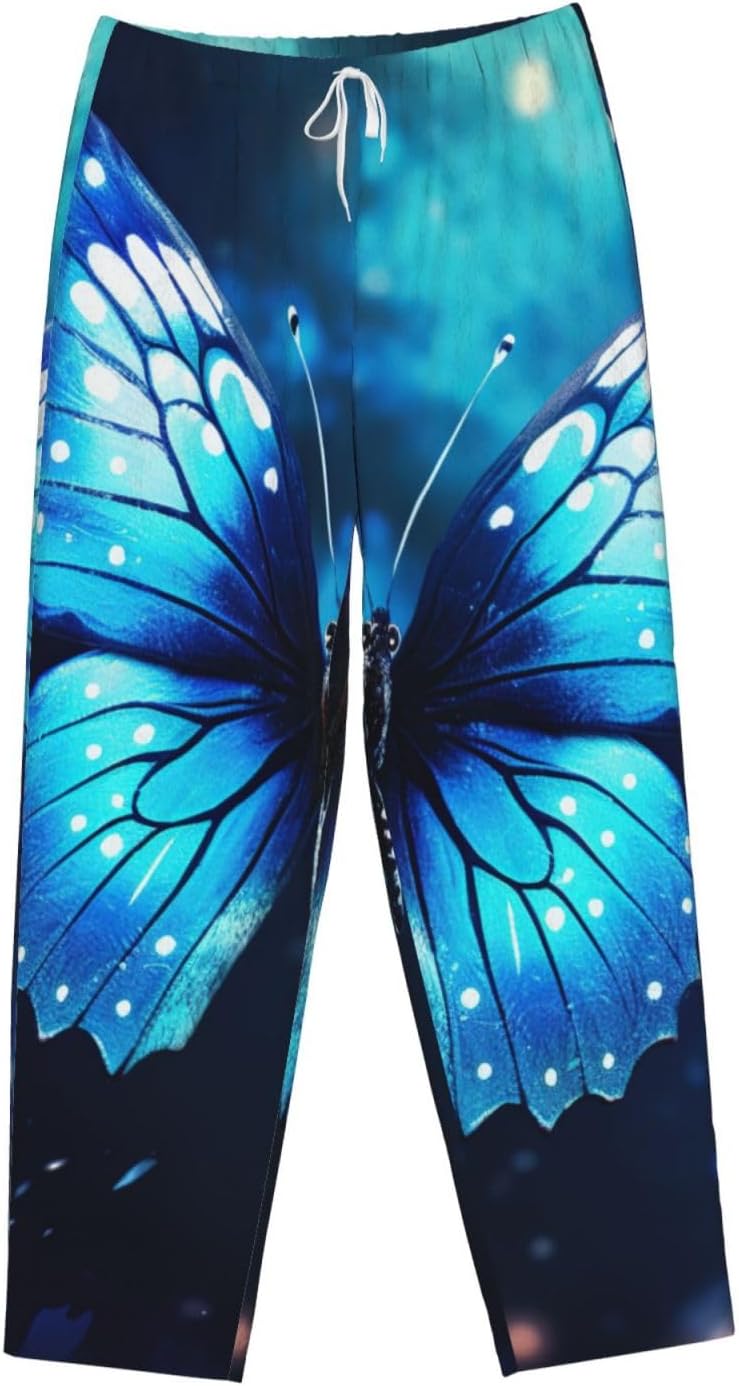 Blue Starry Butterfly Print Fashion Cozy Womens Flannel Pajama Pants,Perfect For Christmas And Everyday Wear