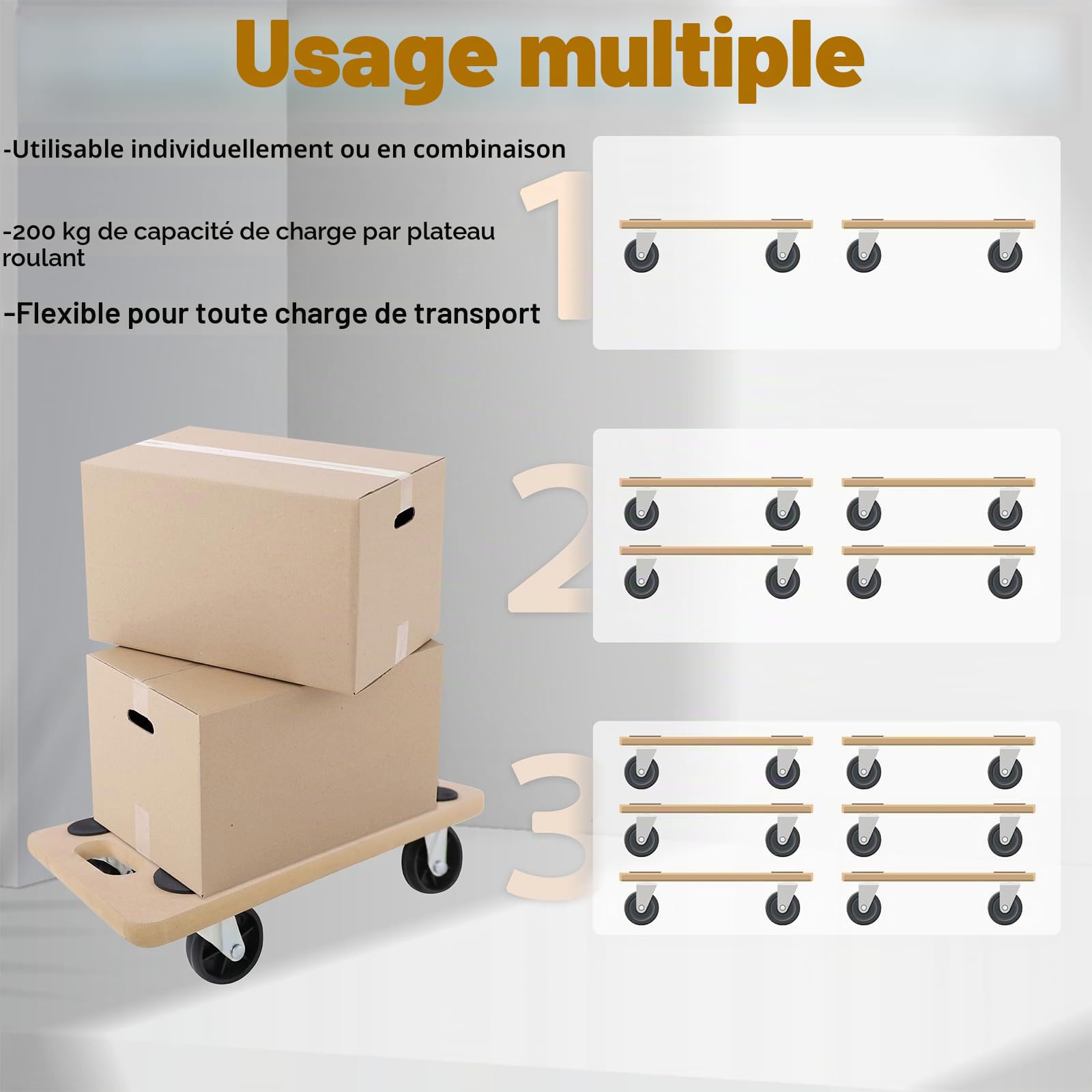 UISEBRT Lot de 4 roulettes de transport 580 x 290 x 108 mm - Planche à roulettes - En panneau MDF - Aide au transport de meubles - Charge maximale : 200 kg