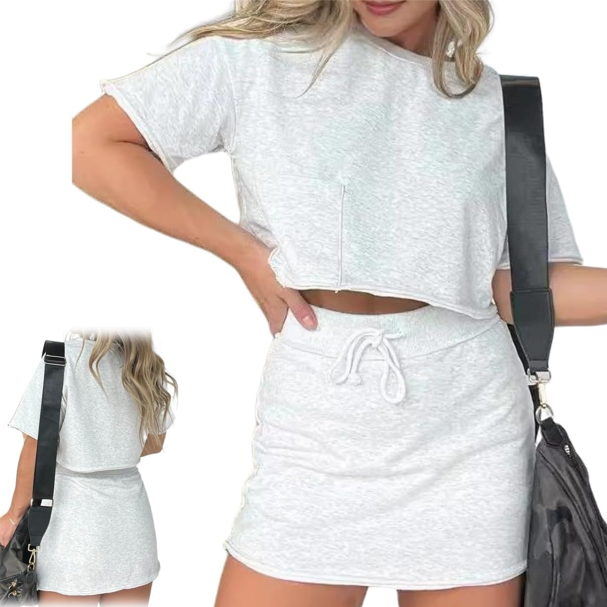 Cropped Tee Skort Set,2 Piece Summer Lounge Skirt Sets for Women,Tennis Sweat Skirt Set,Washed Shorts Outfits with Lining