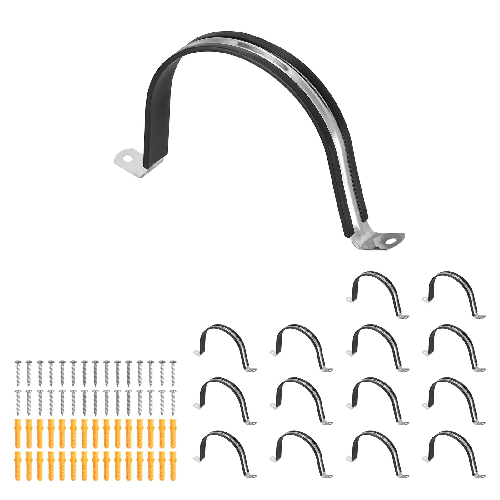 sourcing map 15 Pcs Pipe Strap Clamp, 108mm(4.25") Rubber Cable Clamp Rubber Cushioned 304 Stainless Steel U Bracket Tube Holder Support with Screws for Water Pipe HVAC Cable Management