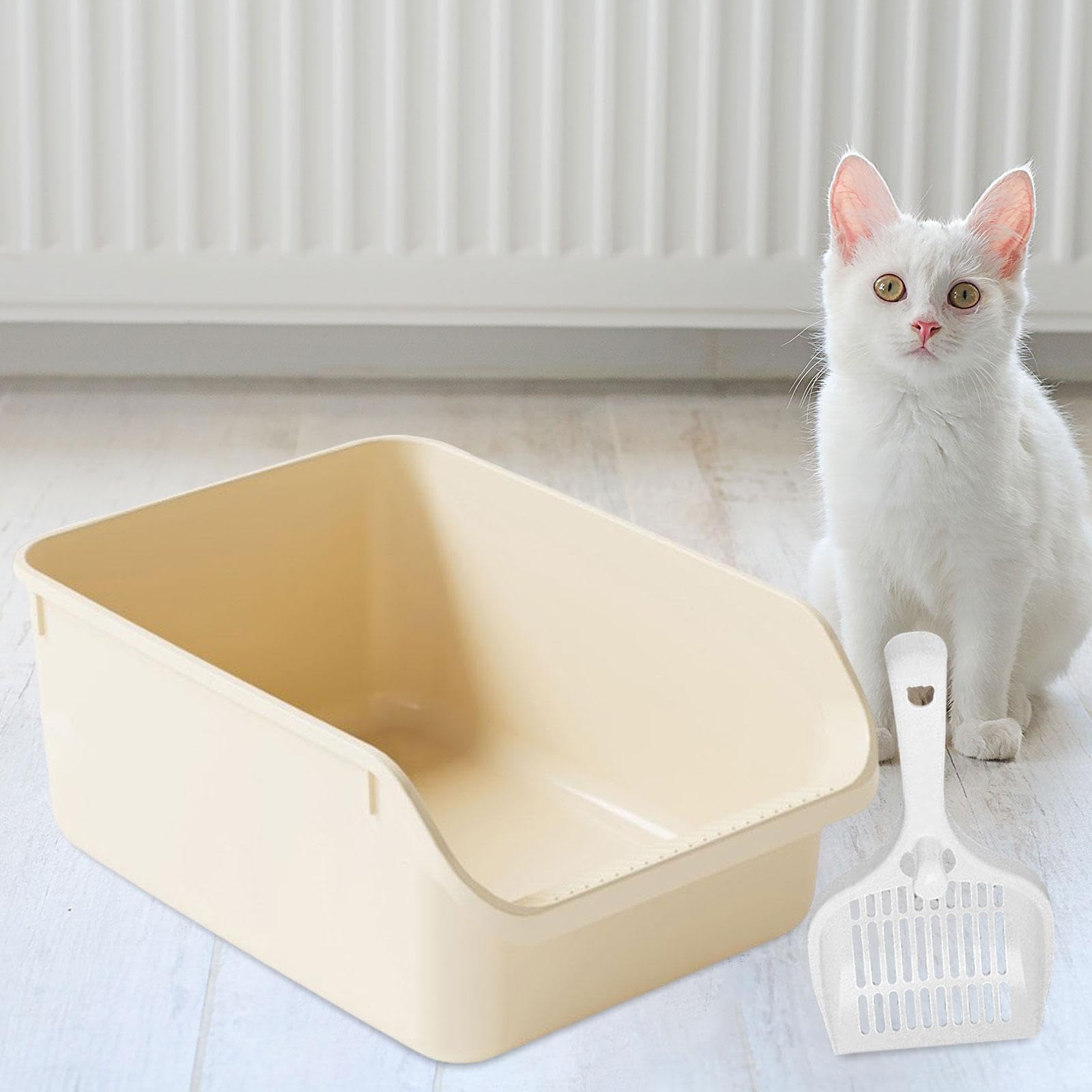 Offene Katzentoilette für Kätzchen, Katzenzubehör, Spritzschutz, Sandkasten, Halbgeschlossene Katzentoilette, Extra Groß, Beige