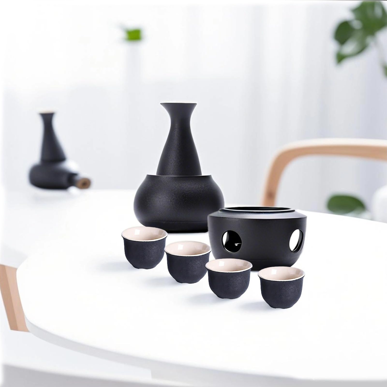 Lot de 4 tasses à saké en céramique traditionnelle chinoise avec pot chaud, poterie noire, chauffe-pied inclus, bougies chauffées, tasses de 4,1 cm de haut