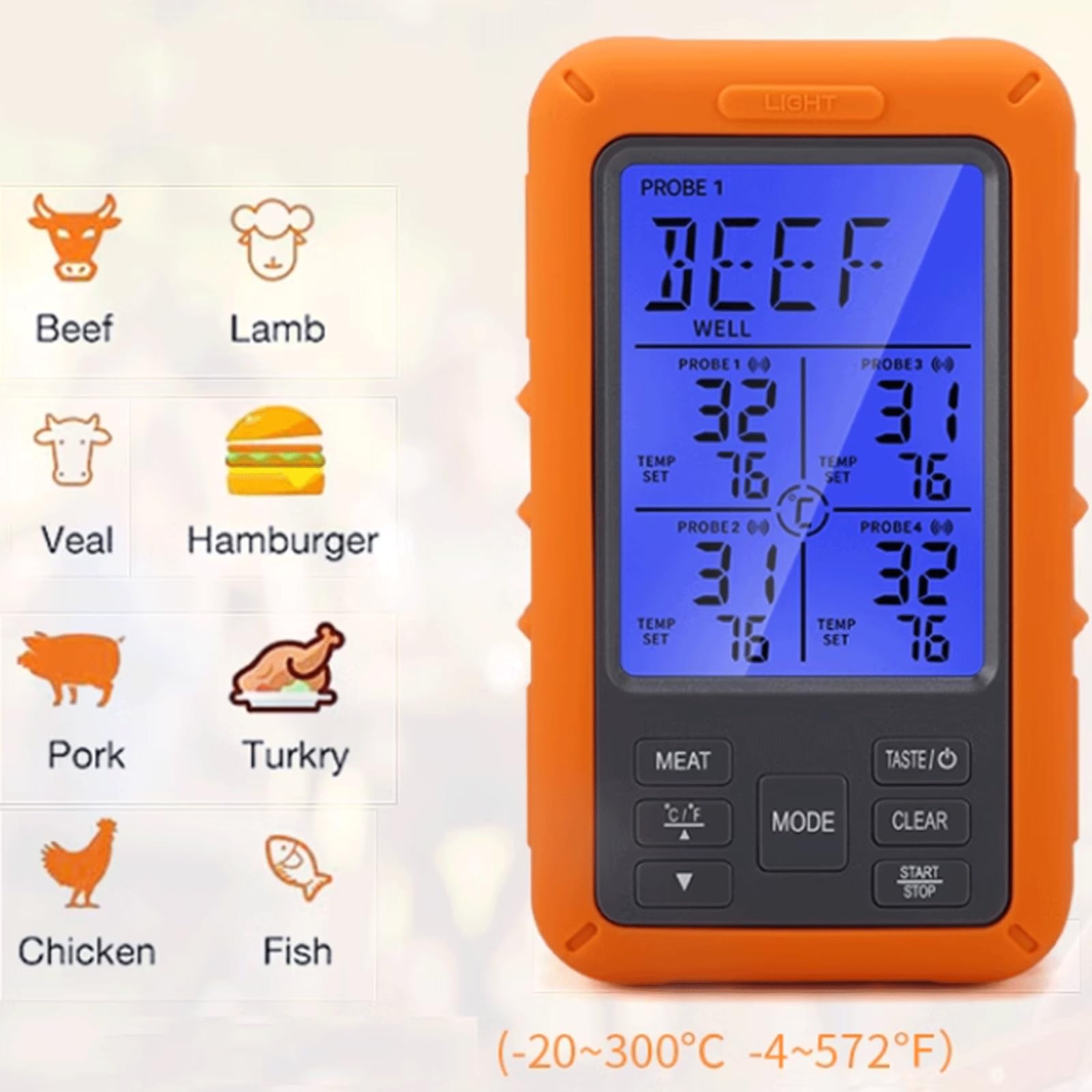 KRILLIQ Termómetro Digital inalámbrico con 4 sondas, Temporizador, Alarma Termómetro para Carne de Lectura instantánea Termómetro ultrarrápido para Asar