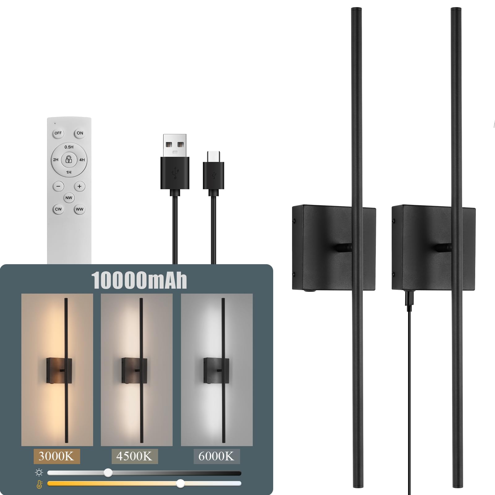 Battery Operated Wall Lights Indoor, USB-C Rechargeable Wall Light with Remote Control, Dimmable Wireless LED Black Wall Lamps with Switch,70CM Modern Wall Sconces (2 Pack)