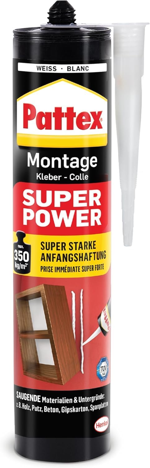 Pattex Montagekleber Super Power, Baukleber mit superstarker Anfangshaftung, Kraftkleber für saugende Materialien, Kleber für innen & außen, Aktionspack mit 12 x 370g, 9H PXS37
