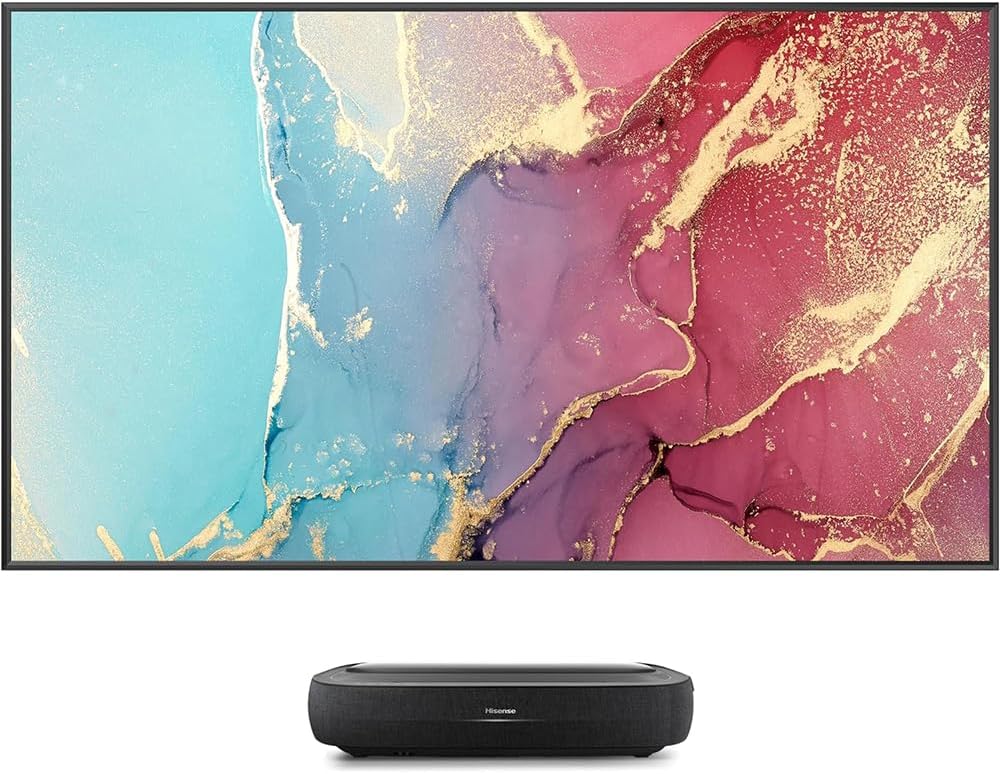 Hisense L5H projector positioned in front of a 100-inch ALR screen