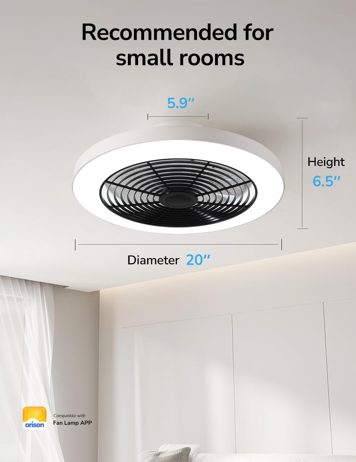 Orison Ceiling Fans with Lights, Low Profile Ceiling Fan with Lights and Remote, 6 Wind Speeds Smart Flush Mount Ceiling Fan for Bedroom, Kids Room and Living Room 19.7 (Black)