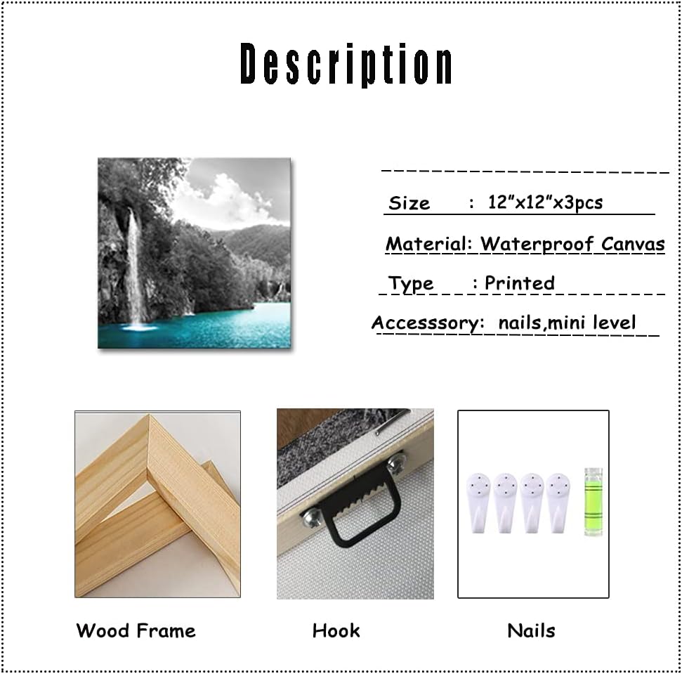 Derkymo 3 Pieces Teal Waterfall Pictures Black and White Canvas Wall Art Landscape Artwork for Bedroom Bathroom Decor Framed Ready to Hang 12"x12"x3pcs