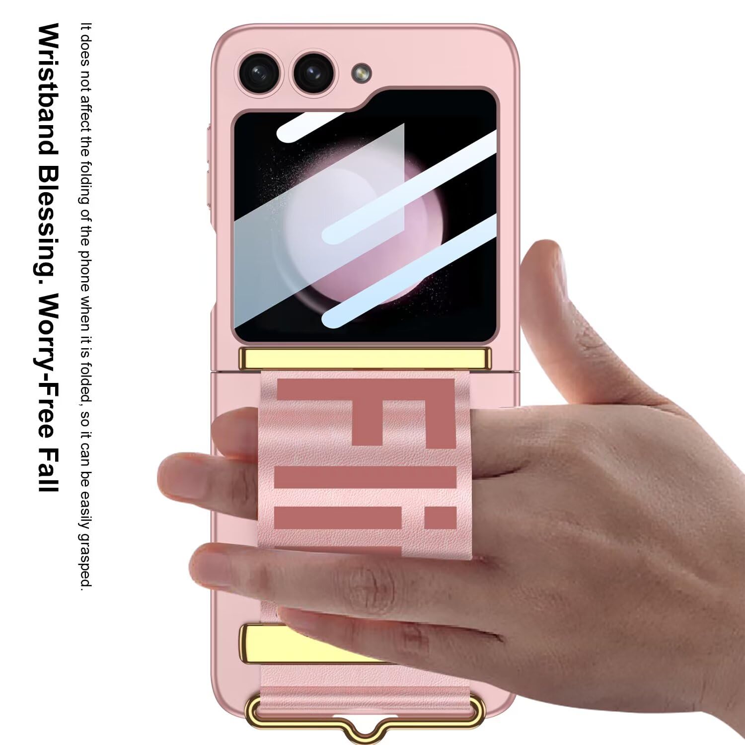 Jeelar ESONG Handyhülle für Samsung Galaxy Z Flip7 mit Leder-Armbandhalter,Ultradünne Handschlaufe Hart Schutzhülle mit Ständer,PC Kratzfest Stoßfest Case mit Displayschutzfolie/Scharnierschutz-Lila