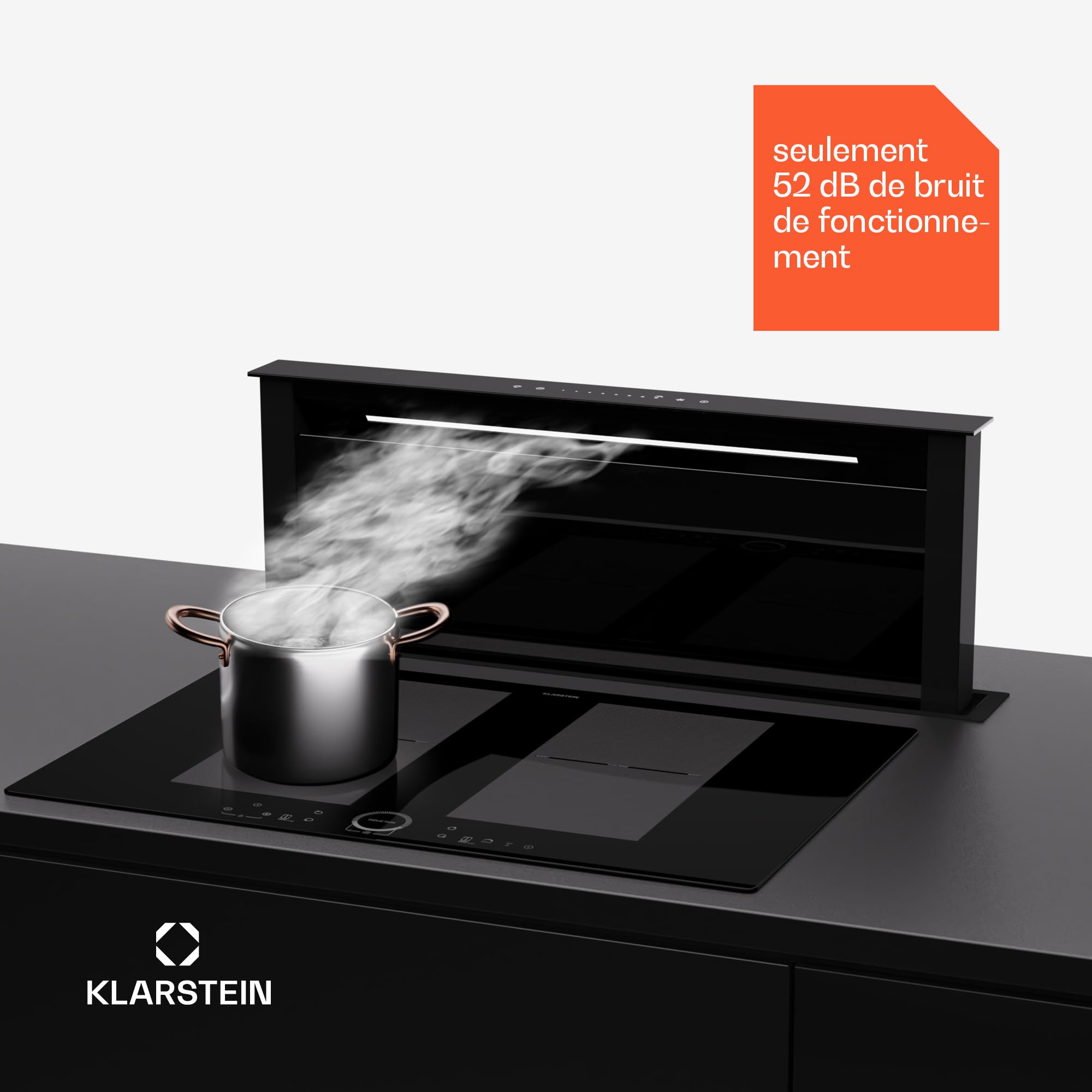 Klarstein Hotte Aspirante 75 cm, Hottes de Cuisine 2 en 1 à Aspiration Descendante, Débit d'Air de 576 m³/h, Modes de Ventilation, Eclairage LED, Tactile, Hotte Aspirante de Cuisine Silencieuse