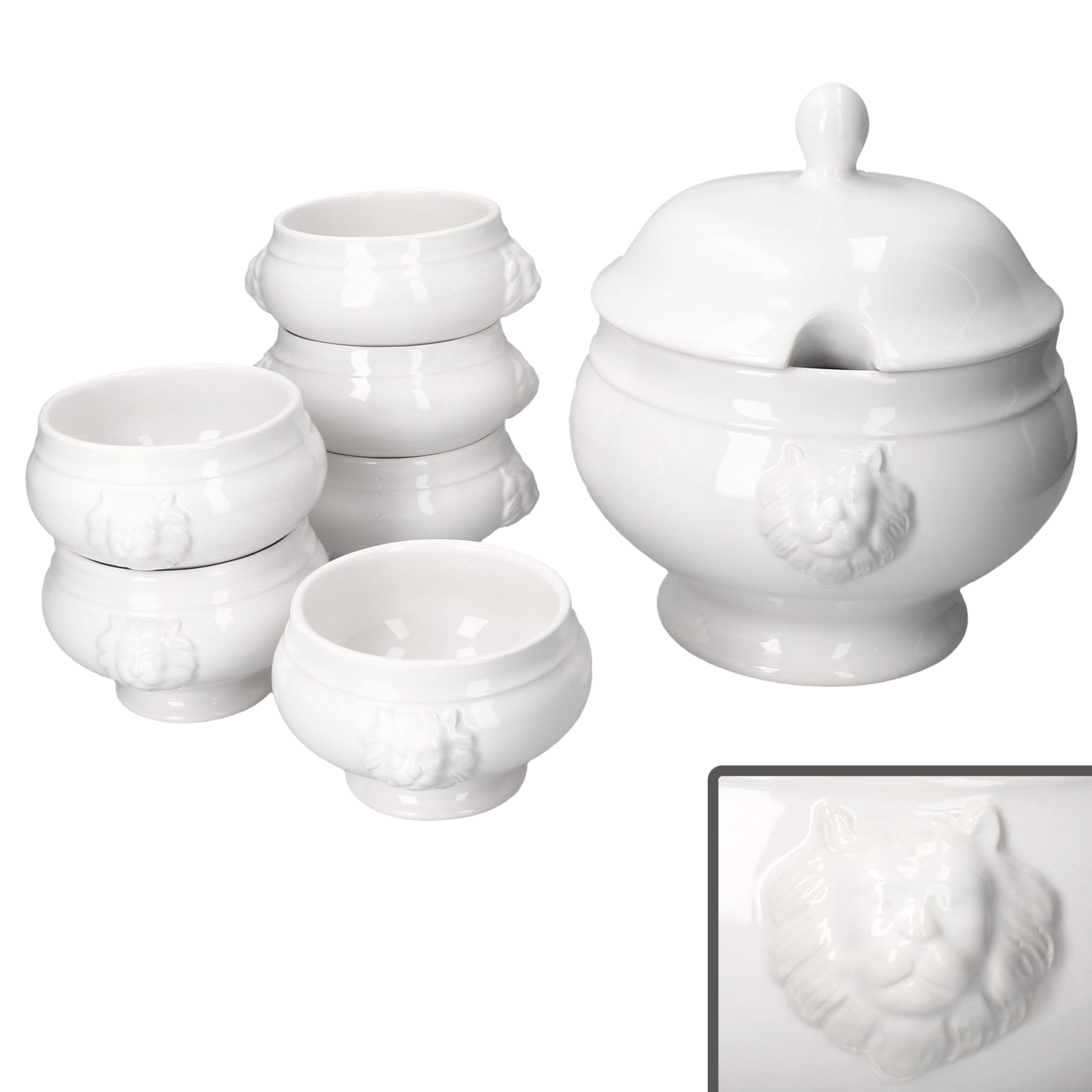 MamboCat Set da 7 pezzi Leo con testa di leone e senza coperchio, 6 X 0,25 l e 1 X 2 litri, ciotola bianca con testa di leone per zuppa e stufati