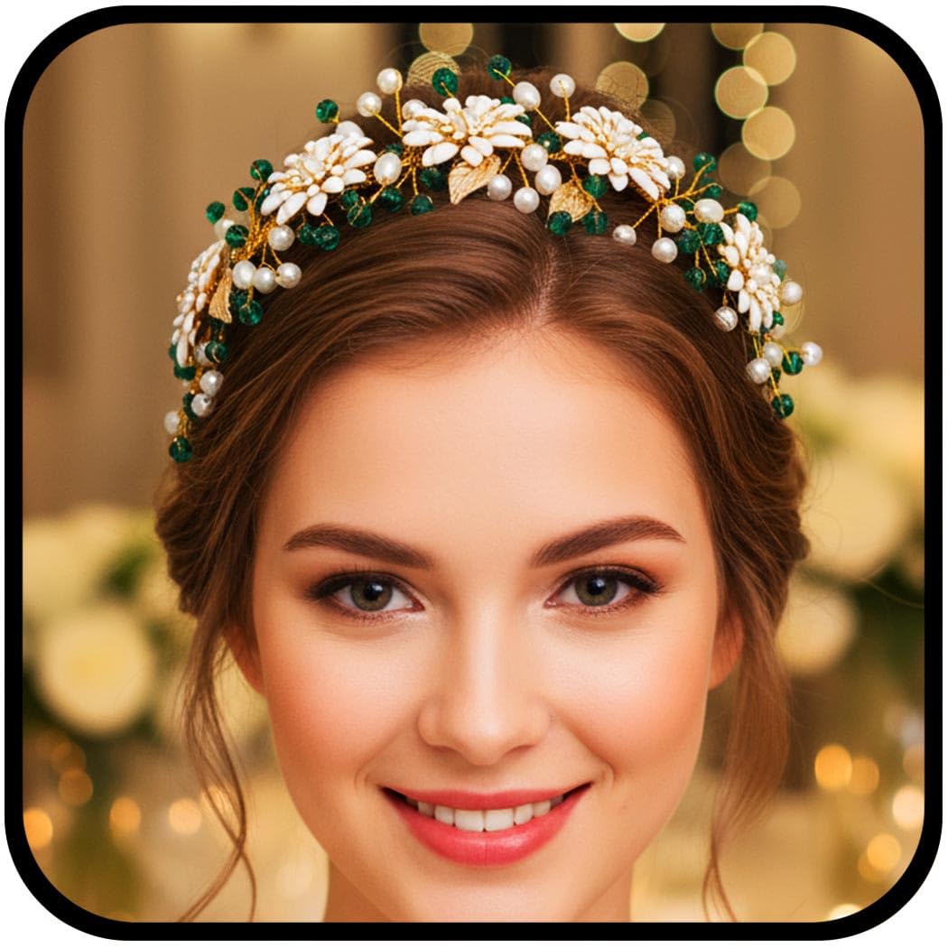 Urieo Cerchietto per capelli da sposa con fiore verde con cristalli, accessorio per capelli da donna