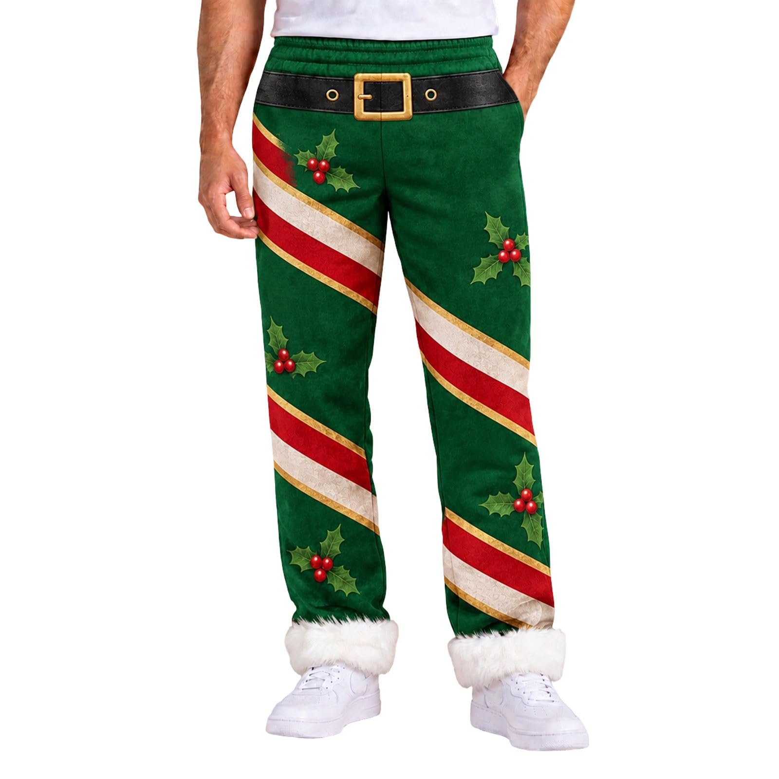 Christmas Costume Pants for Men Green Flannel Xmas Holiday Trousers with Pl