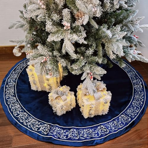 Funacce FA_0013 Christmas Tree Skirt 60 Inch, Blue Luxury Velvet Plush Faux Fur Extra Large Skirts thumb #4