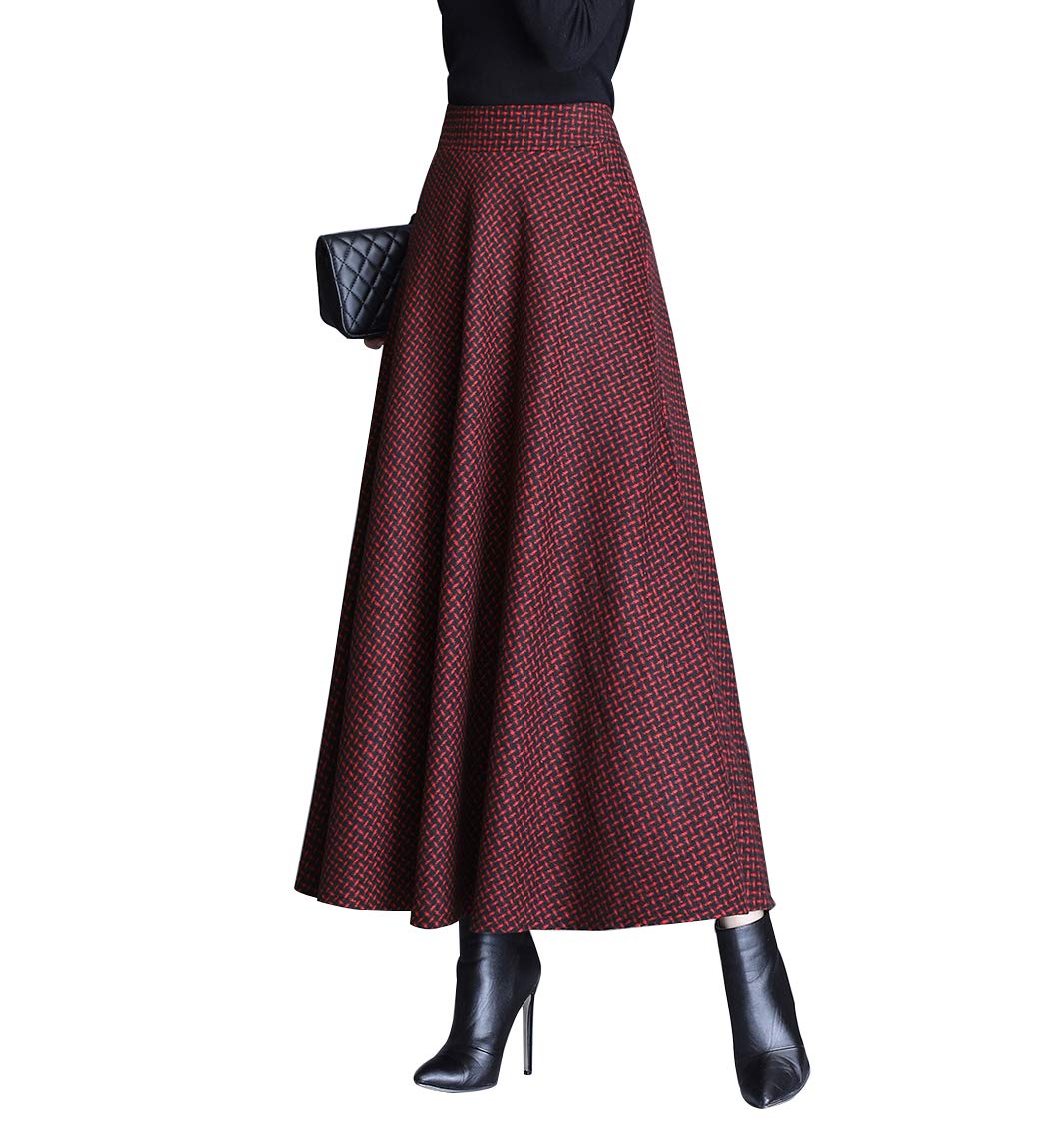 Jupe Longue Femme Hiver Élégant Carreaux Haute Taille Maxi Jupe en Laine A-Line Taille élastique Skirt 1951 Rouge vin -XXL
