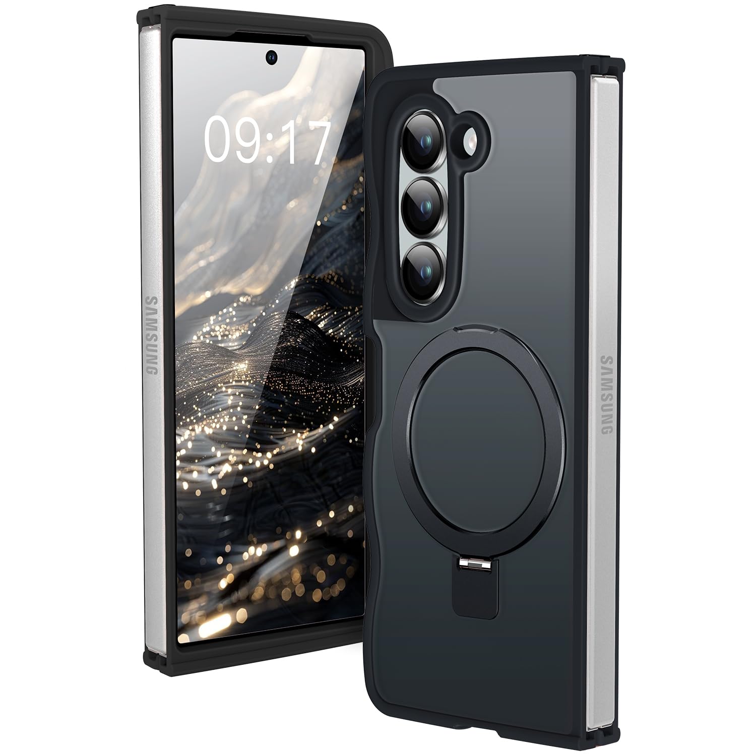 Cute Wavy Magnetic Stand Case for Galaxy Z Fold 5 Fit for MagSafe, Black